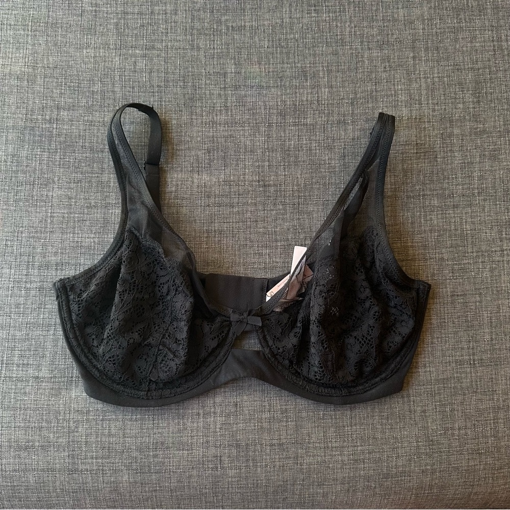NWT Victoria's Secret Unlined Demi Bra, 36DDD / 36F, black lace and mesh